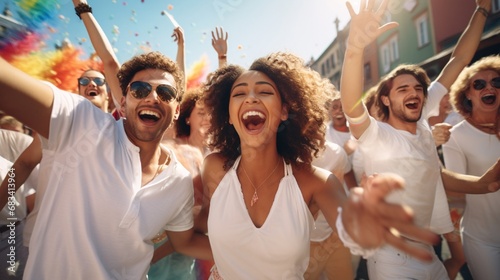 : An image showcasing a group of multi-ethnic young people, dressed in white shirts, enjoying a vibrant street festival, their diverse backgrounds adding to the colorful and energetic atmosphere. photo