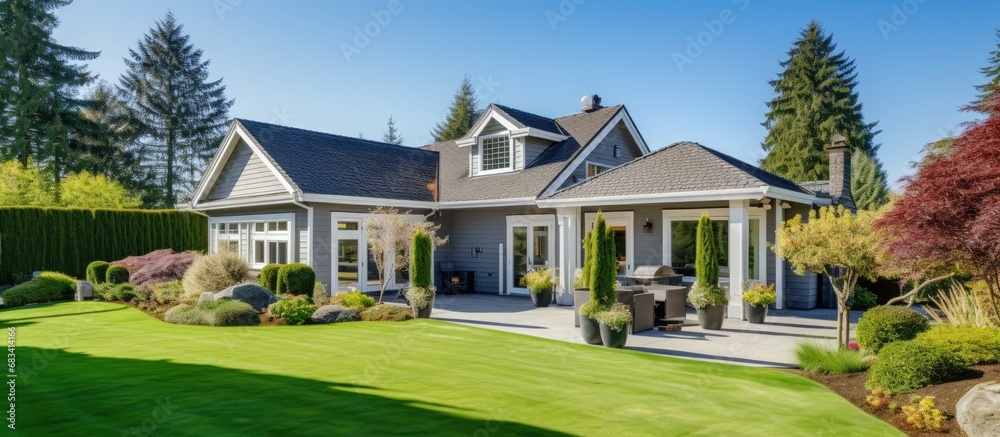 Newly constructed luxury home with a beautiful yard green grass and landscaping