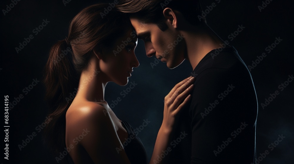 : A dramatic studio shot capturing a young couple, their hands entwined, gazing into each other's eyes, with the dark background accentuating the warmth and sincerity of their connection. - obrazy, fototapety, plakaty 
