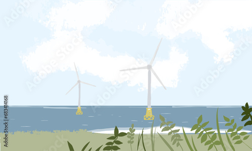 Jeju island windmill beach watercolor illustration