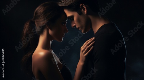 : A dramatic studio shot capturing a young couple, their hands entwined, gazing into each other's eyes, with the dark background accentuating the warmth and sincerity of their connection.