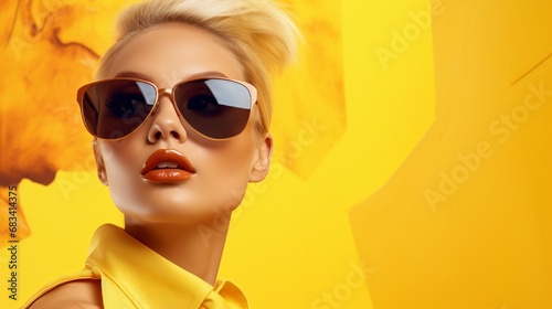 : A fashionable shot of a young lady, her stylish sunglasses and yellow dress making her stand out in a minimalist, contemporary art gallery, merging fashion with artistic expression.