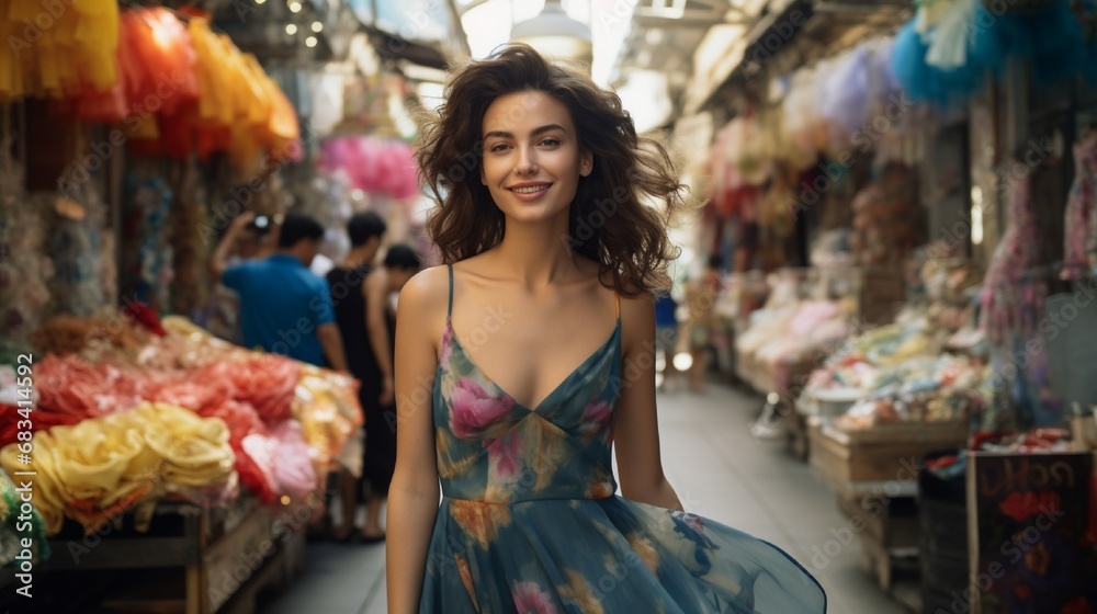: A photo capturing a fashionable brunette in a vibrant, flowing dress, meandering through a lively market street, her expression one of curiosity and delight amid the colorful stalls.