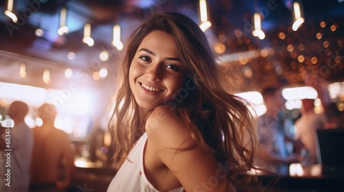  Portrait of happy beautiful young white woman with long straight brown hair in dance movement at beach disco bar. Summer vacation, holiday, happiness music concept generative ai