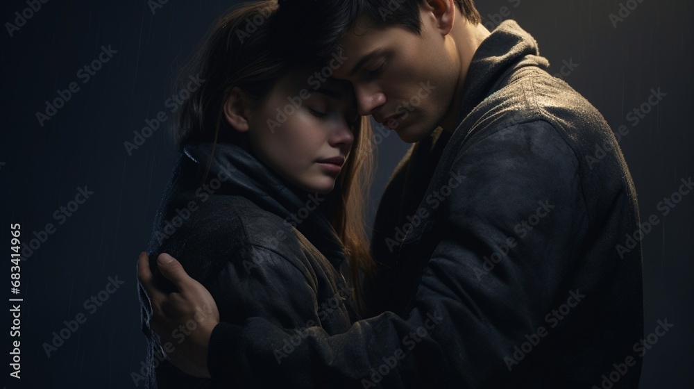 : A tender moment frozen in time, showing a young couple embracing lovingly, their gentle smiles illuminated subtly against the studio's dark background, conveying a sense of deep affection. - obrazy, fototapety, plakaty 