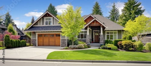 Custom craftsman home with three car garage lush landscaping and spring foliage photo