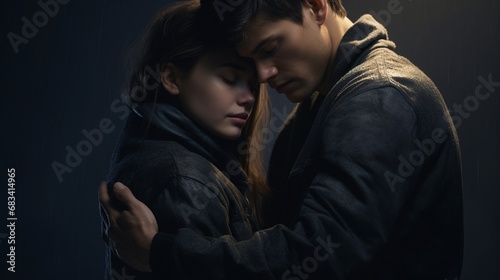 : A tender moment frozen in time, showing a young couple embracing lovingly, their gentle smiles illuminated subtly against the studio's dark background, conveying a sense of deep affection.