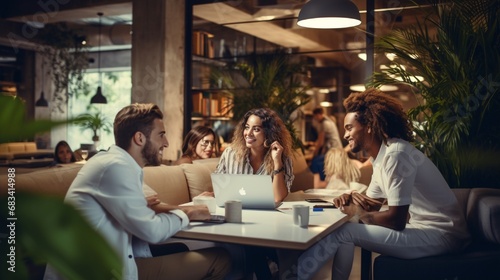 : A vibrant photo of diverse young individuals, dressed in white shirts, engaged in an animated discussion in a creative co-working space, showcasing collaboration and cultural richness.