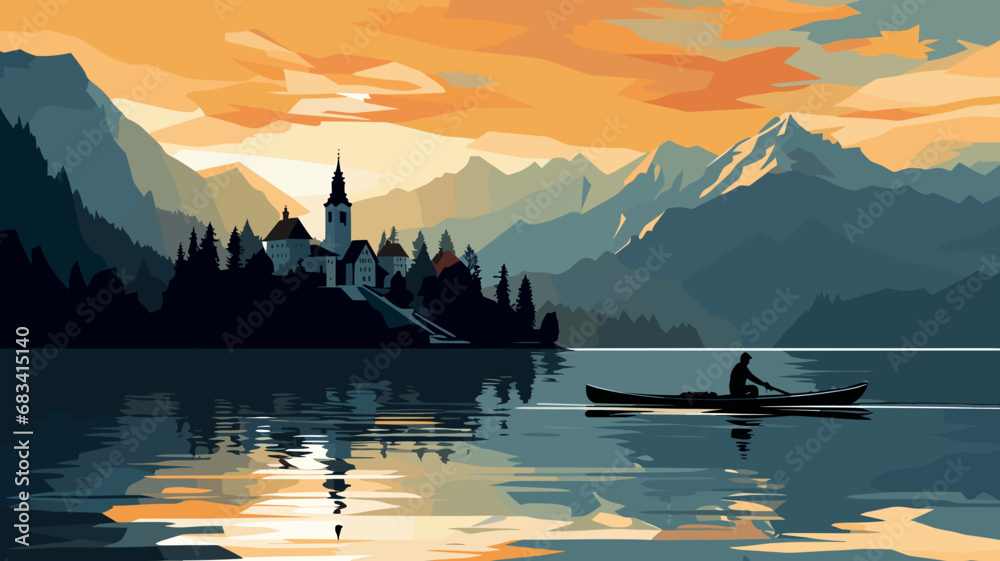 copy space, simple vector illustration, Lake Bled, Slovenia. Flat 2D illustration, beautiful lake Blad landscape.  The pilgrimage church dedicated to the Assumption of Mary on Bled island. Famous tour - obrazy, fototapety, plakaty 