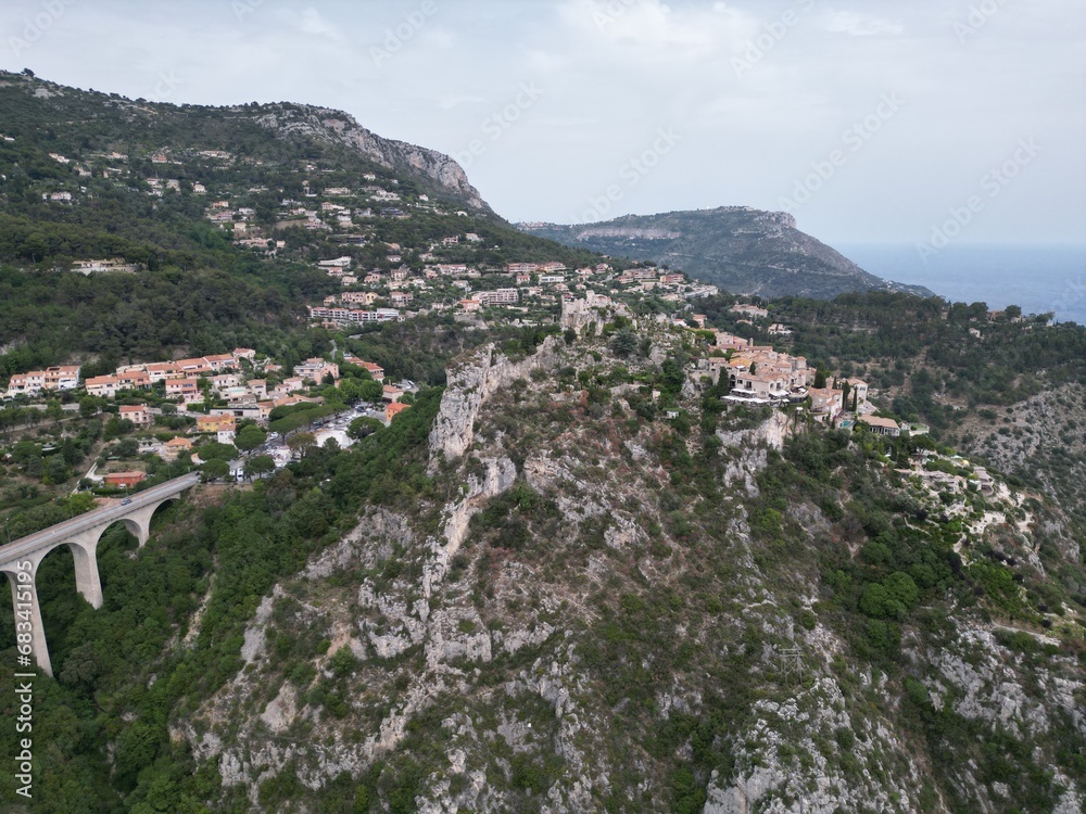 Road viaduct Eze hill top village France Drone , aerial , view from air .