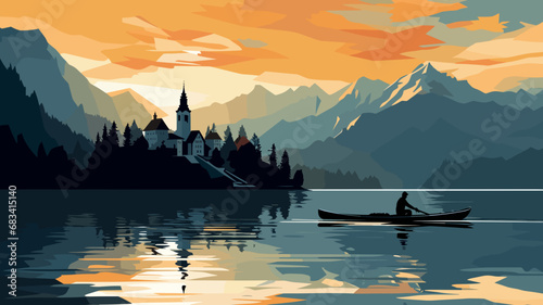 copy space, simple vector illustration, Lake Bled, Slovenia. Flat 2D illustration, beautiful lake Blad landscape.  The pilgrimage church dedicated to the Assumption of Mary on Bled island. Famous tour photo