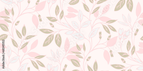 Monotone pastel seamless pattern with creative, stylized branches leaf. Vector hand drawn. Floral stem with leaves light print. Template for design © incarnadine