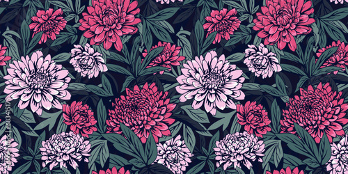 Ornate beautiful blooming flowers and leaves intertwined in seamless pattern. Vector hand drawn abstract artistic dahlias, peonies, large leaves stem print. Template for design, fabric, fashion
