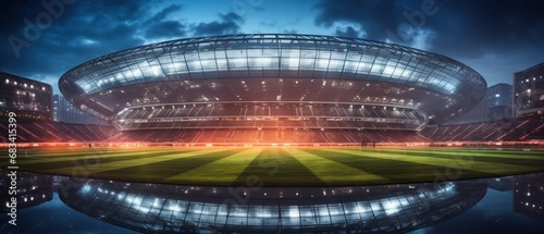 Large football stadium in the evening with lights. Soccer Concept. Football Concept. Sport Concept.