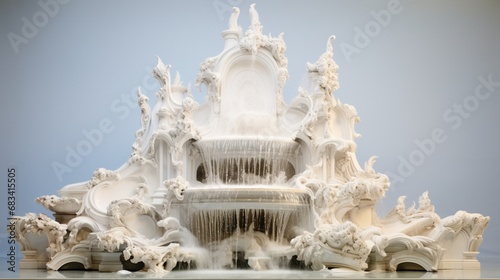 A grand marble fountain with water cascading gracefully from multiple tiers, set against a pure white backdrop.