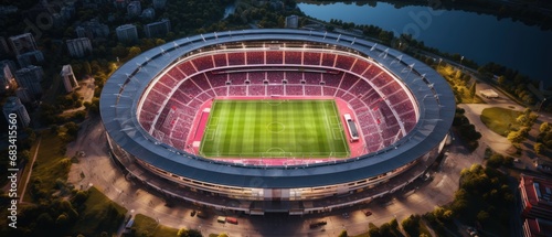 Aerial view of a large football stadium in the evening. View from above. Soccer Concept. Football Concept. Sport Concept.