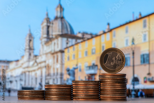 1 Euro coin in front of Rome's Piazza Navona