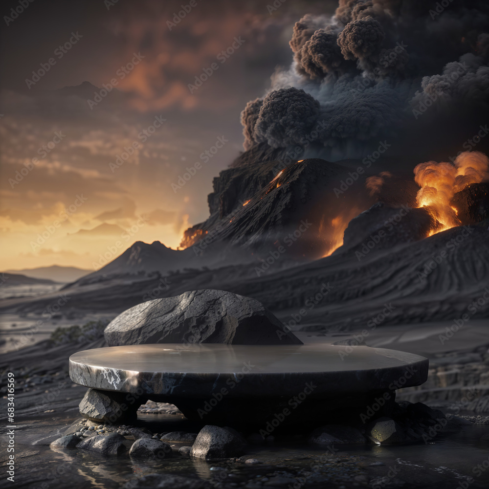 Volcanic stone podium in front of erupting volcano with lava, product display square backdrop. Generative AI. - obrazy, fototapety, plakaty 