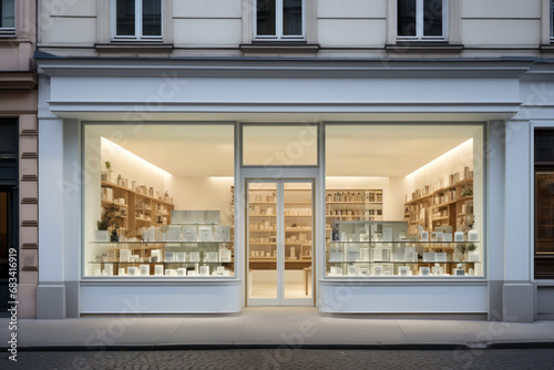 Pharmacy Storefront on City Street with Health and Beauty Products Display