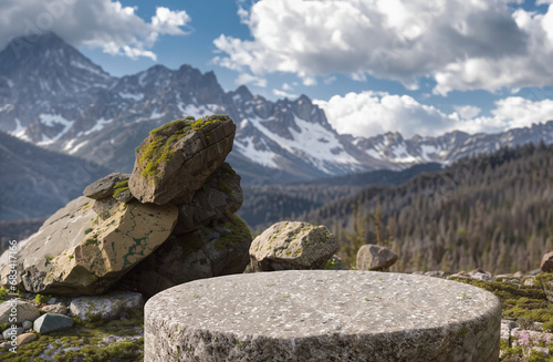 Stone product display podium in nature, with mountains and forest, rock pedestal backdrop. Natural, organic, ecological products background. Generative AI. ©  DigitalMerchant
