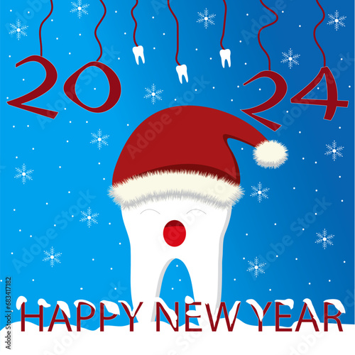 Dentist Merry Christmas and New Year concept, tooth, Happy New Year 2024, Happy holidays,smile tooth