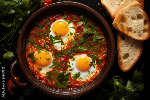 Shakshouka israely food in ceramic bowl. photo