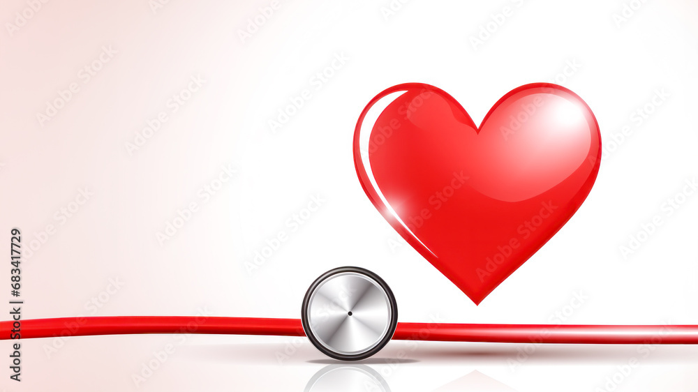Glossy red heart hovers over a red stethoscope on a clean background, denoting heart health and medical care. Copy space Glossy red heart hovers over a red stethoscope on a clean background, denoting heart health and medical care. Copy space