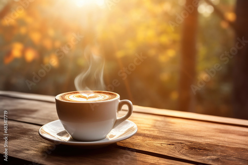 Cup of hot coffee on a wooden table on a blurred Background Outdoor, Copy space