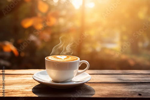 Cup of hot coffee on a wooden table on a blurred Background Outdoor  Copy space