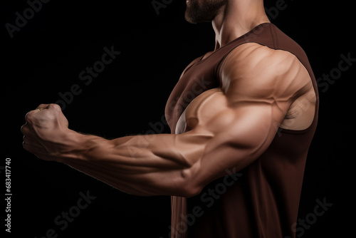 Cropped image of tanned athletic man showing big biceps. Generative AI