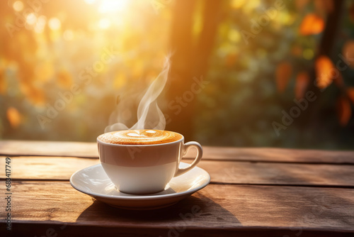 Cup of hot coffee on a wooden table on a blurred Background Outdoor, Copy space