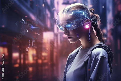 Young teenage girl wearing virtual reality headset. Generative AI