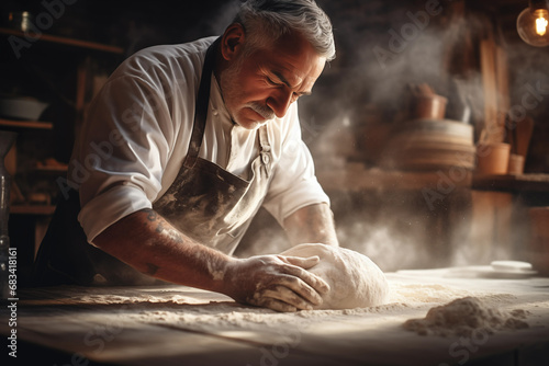 Mature man baker kneading dough with flour on table. Generative AI