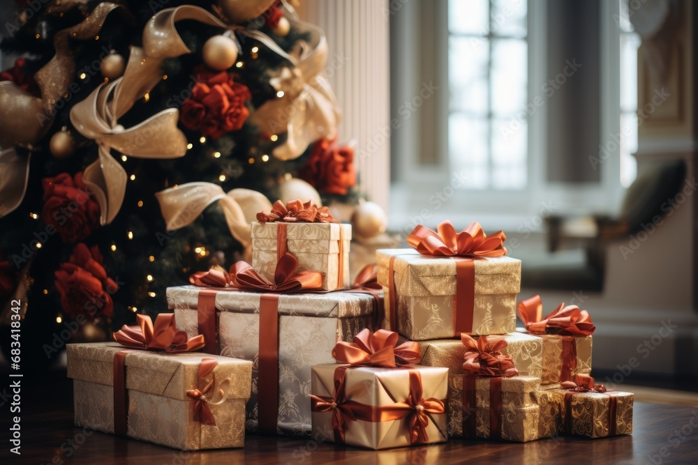 Gift boxes tied with red ribbons under the Christmas tree Gift boxes tied with red ribbons under the Christmas tree