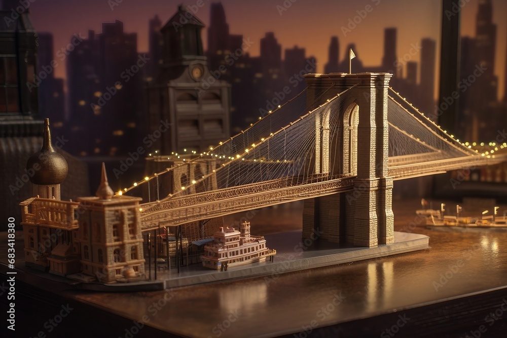 Obraz premium The most famous bridges in the world, New York City Brooklyn Bridge captured in hyper-realistic glory, the sunrise casting a golden glow on the iconic structure.