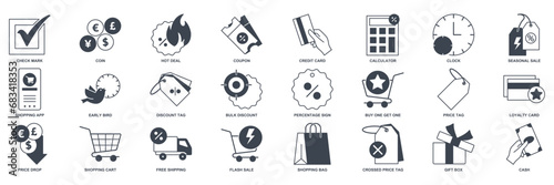 Discount icon set, Included icons as Price Tag, Early Bird, Shopping Bag, Credit Card and more symbols collection, logo isolated vector illustration
