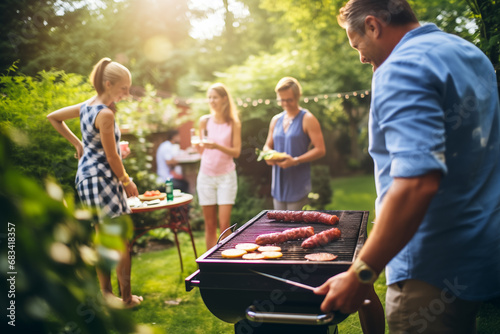 Happy family cooking barbeque enjoying party celebration together. Generative AI