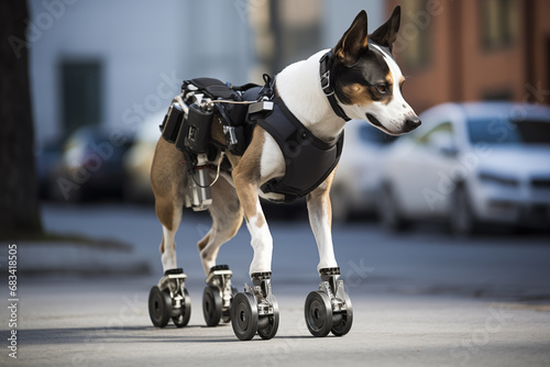Dog with bionic prosthetic paws on wheels. Generative AI