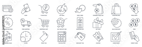 Discount icon set, Included icons as Price Tag, Early Bird, Shopping Bag, Credit Card and more symbols collection, logo isolated vector illustration