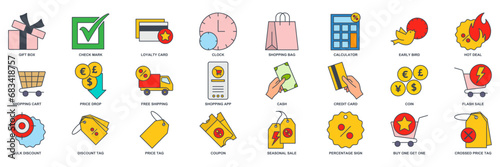 Discount icon set, Included icons as Price Tag, Early Bird, Shopping Bag, Credit Card and more symbols collection, logo isolated vector illustration