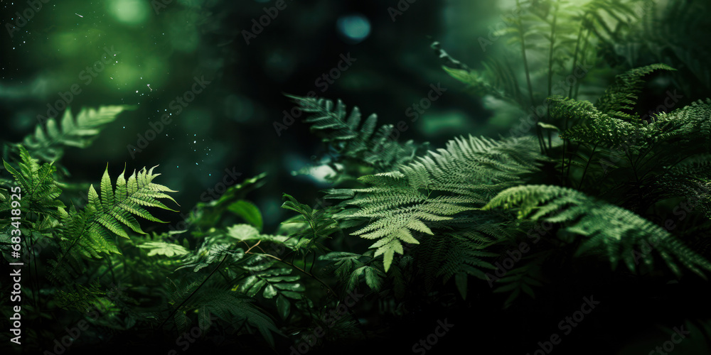 A wallpaper featuring a green fern against a forest backdrop, Generative AI