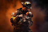 Brave firefighter carrying young child providing rescue operation. Generative AI