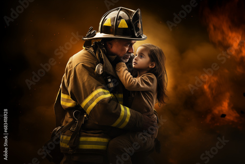 Brave firefighter carrying child girl providing rescue operation. Generative AI photo