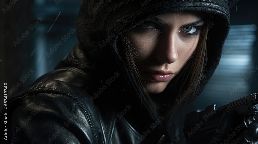 Beautiful woman in a hood with a weapon. Hired killer, super agent.