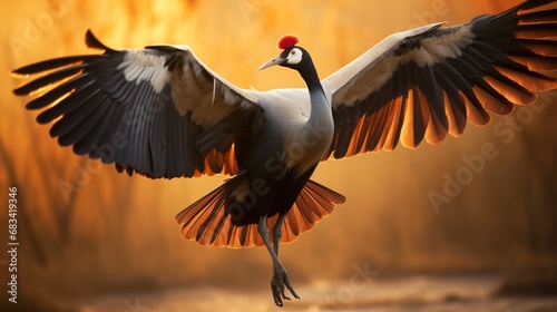 A magnificent crowned crane in mid-flight, its outstretched wings catching the golden light of dawn.