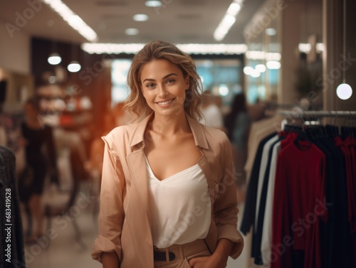 A beautiful woman in light fashionable clothes smiles welcomingly in a clothing store. Fashion and beauty. Shopping and consumption.