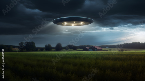 Flying saucer over the field at night