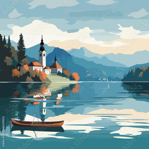 copy space, simple vector illustration, Lake Bled, Slovenia. Flat 2D illustration, beautiful lake Blad landscape.  The pilgrimage church dedicated to the Assumption of Mary on Bled island. Famous tour
