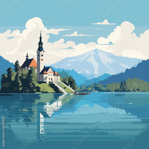 copy space, simple vector illustration, Lake Bled, Slovenia. Flat 2D illustration, beautiful lake Blad landscape.  The pilgrimage church dedicated to the Assumption of Mary on Bled island. Famous tour