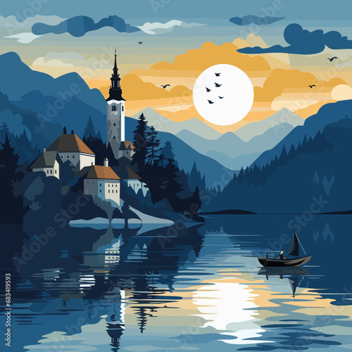 copy space, simple vector illustration, Lake Bled, Slovenia. Flat 2D illustration, beautiful lake Blad landscape.  The pilgrimage church dedicated to the Assumption of Mary on Bled island. Famous tour